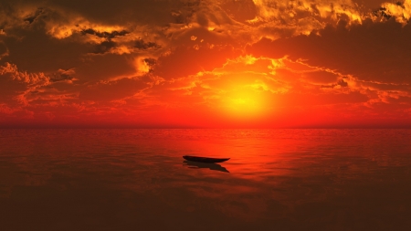 Alone Boat in Sea - clouds, horizen, sunset, nature, boat, sea