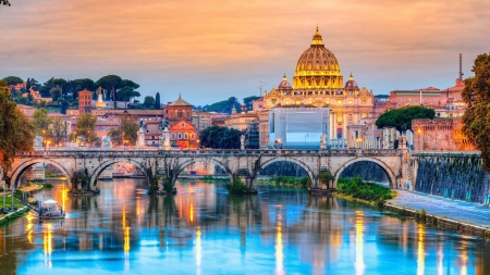 Saint Peter Basilica & St. Angelo Bridge,Italy - nature, lake, italy, reflection, building, bridge