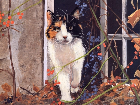 Cat - painting, autumn, persis clayton weirs, art, cat, animal, pictura, pisica