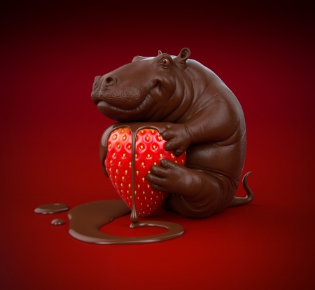 Chocolate hippo - strawberry, summer, brown, hippo, chocolate, fantasy, jirka krivanek, red, fruit, vara