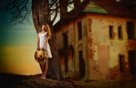 Standing by the tree - WHITE, HAT, TREE, SHORT DRESS, BARE FEET, OLD BUILDOING, HONEY BLONDE