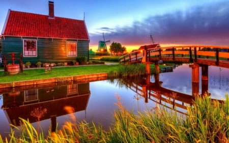 Canal Reflection - calm, house, landscape, reflection, sunset, nature, canal, sky, bridge, netherlands