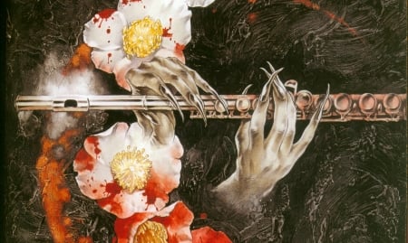 â™¥ - flute, claws, art, camellia, instrument, vampire, fantasy, flower