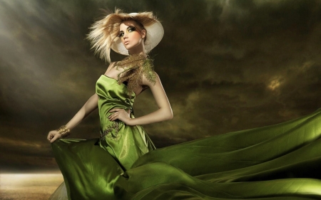 Feminine Fashion - hat, gown, photography, fashion, lovely, Feminine, green, model, Satin