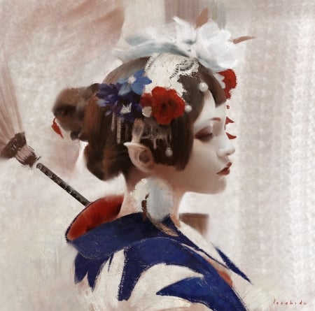 Elf in kimono - blue, lius lasahido, portrait, kimono, elf, fantasy, umbrella, parasol, red, art, asian, luminos