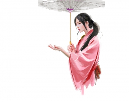 Girl - parasol, yiren, girl, yi ren, fantasy, asian, white, art, portrait, umbrella, pink, kimono