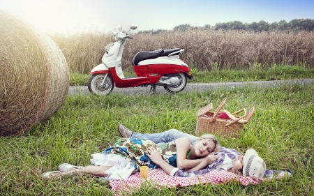 Picnic - vara, girl, hay, couple, cowgirl, summer, man, red, peugeot django