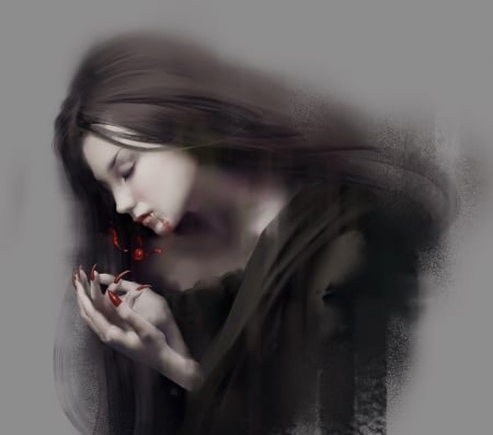 Vampire - blood, girl, yi ren, yiren, vampire, black, fantasy, red, art, luminos