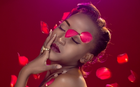 Beautiful Portrait of a Lady - beautiful, portrait, black woman, rose petals, feminine, lady, red, face, emotions, brunette, softness