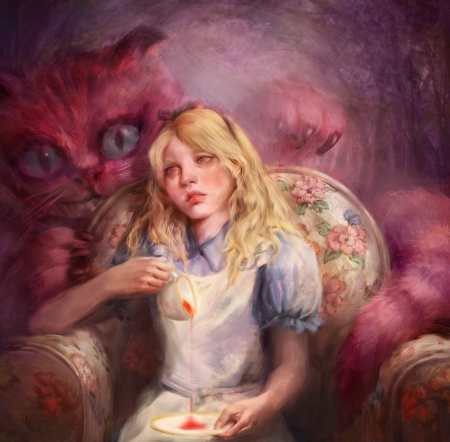 Alice - alice, art, girl, cat, dong gun yoon, pink, fantasy