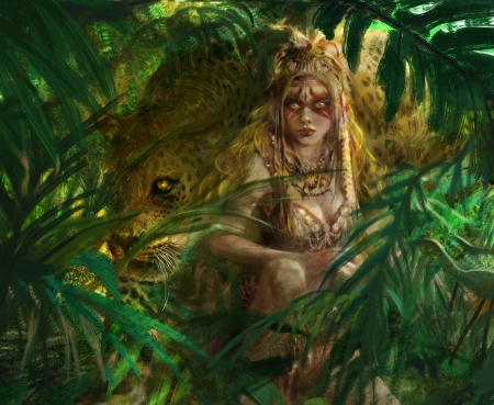 Jungle - leopard, art, girl, dong gun yoon, jungle, animal, amazon, fantasy