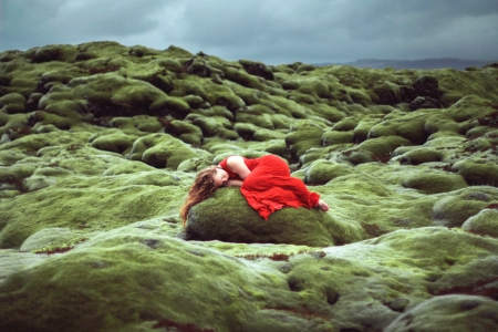 Sleeping Beauty - lying, outdoor, woman, rocks