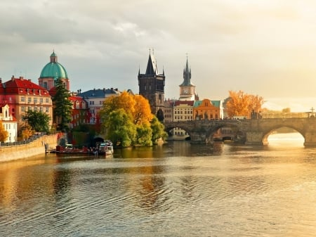 Charles Bridge - river, trees, nature, autumn, boat, houses, bridge