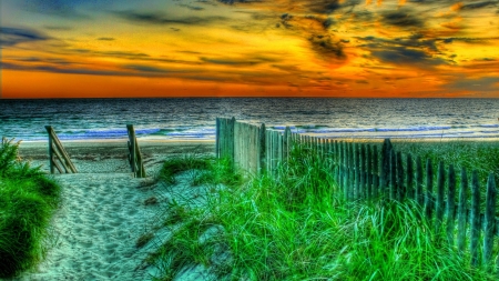 Colorful Sunset - sky, beach, fence, clouds, colors, sea