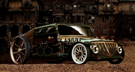 Dark Car - city, steampunk, art, buildings