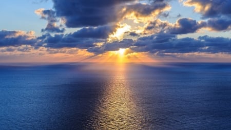 Sunset over the sea - ocean, sky, clouds, sun, sunset, sea, waves