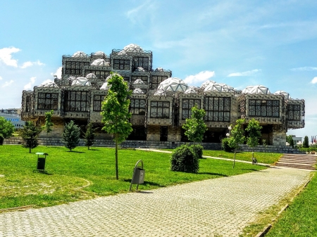 the national library of the republic of kosovo - library, kosovo, street, trees