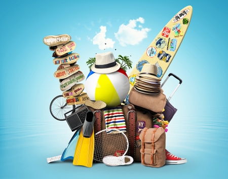 Travel and vacation - ball, radio, plimsoll shoe, holiday, suitcase, plimsoll, plimsolls shoes