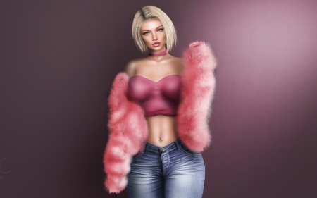 Girl - fur, fantasy, igrl, rendering, blonde, pink, luminos