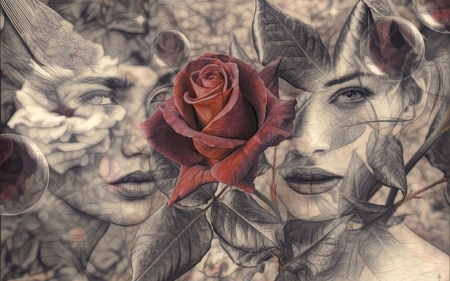 Fantasy - girl, collage, luminos, red, fantasy, rose, flower