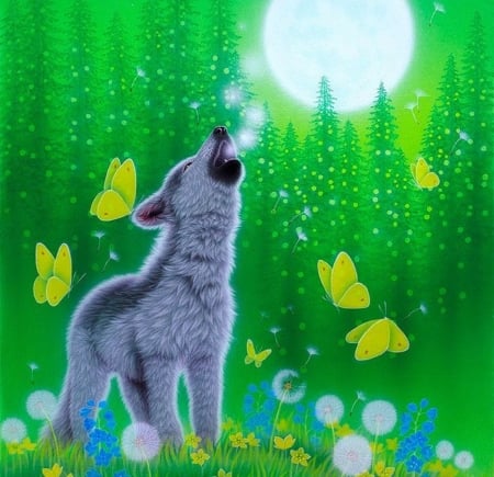 Song of New Life II - summer, butterflies, wolf, paintings, spring, flowers, moons, forests, nature, love four seasons, animals, wildlife