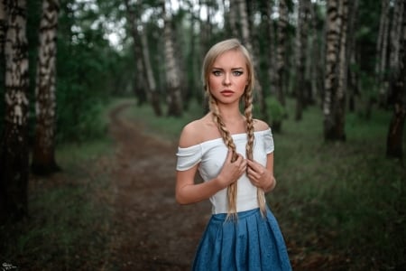 Unknown Model - trees, blonde, forest, path, outdoors, babe, gorgeous, woman, model, woods