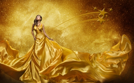 Golden Beauty - Woman, gown, Female, ethereal, Beautif, femininity, splendor, lovely, stars, golden