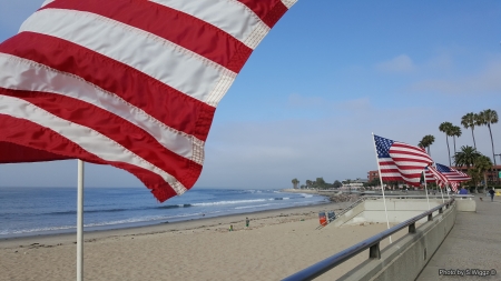 Old Glory in Motion on Memorial Day - Ocean, Flag, Sand, California, Day, Memorial, United States, Sky, Beach