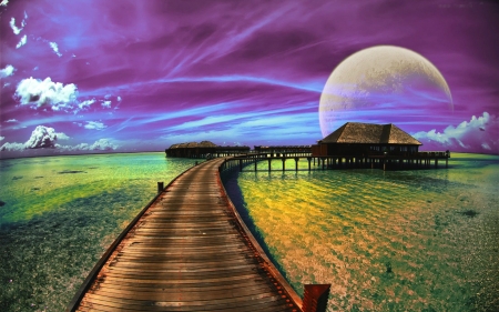 Fantasy World - sky, pier, art, colors, sea, planet