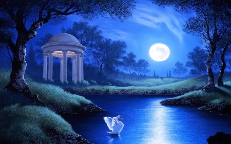 Moonlight - swan, art, river, night, gazebo