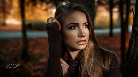 Unknown Model - woman, trees, park, model, gorgeous, woods, forest, leaves, babe