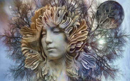 The Moon - Trees, Moon, Girl, Face, Sculpture