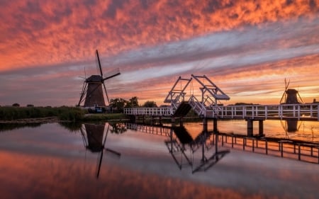 Bridge at Sunset in Netherlands - sky, reflection, clouds, river, windmill