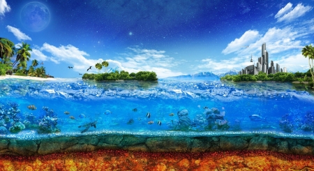 â™¥ - fantasy, water, island, fish, sea, blue