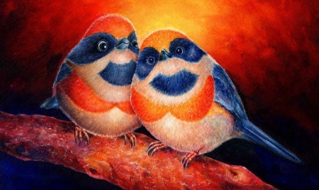 Lets promise to watch every sunset together - bird, fantasy, blue, thevisualilliterate, pasare, orange, couple, art