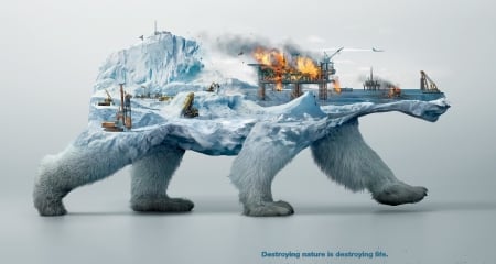 Destroying nature is destroying life - fantasy, nature, fire, polar bear, creative