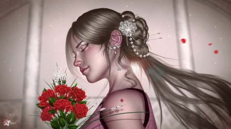 Roses are red - girl, luminos, red, frumusete, aoleev, fantasy, rose