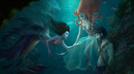 Is that a human? - vara, girl, summer, fantasy, underwater, siren, blue, luminos, mermaid, man, b03di