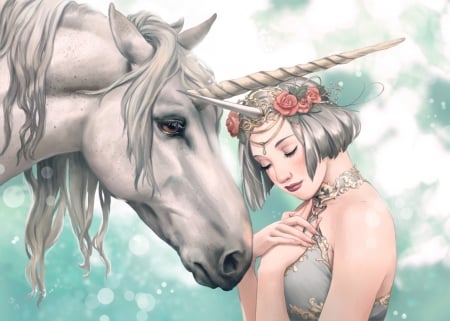 Innocence - white, fantasy, engelszorn, girl, blue, unicorn