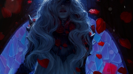 Univashko - blue, girl, petals, dark, fantasy, red, rose, exellero, art, luminos