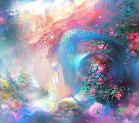 Mermaid - girl, fantasy, dadachyo, siren, luminos, mermaid, pink, blue, flower