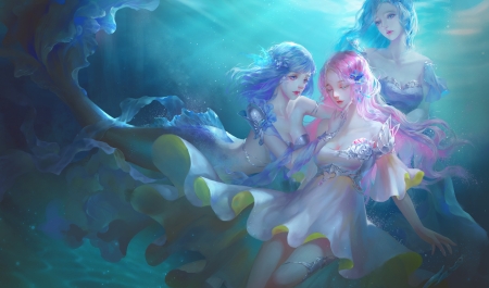 Mermaids - vara, girl, gjschoolart, frumusete, summer, fantasy, underwater, art, mermaid, pink, siren, luminos, blue