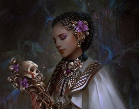 Justine - girl, flower, fantasy, skyll, hoanglap, purple, hoanglap solan, art, luminos