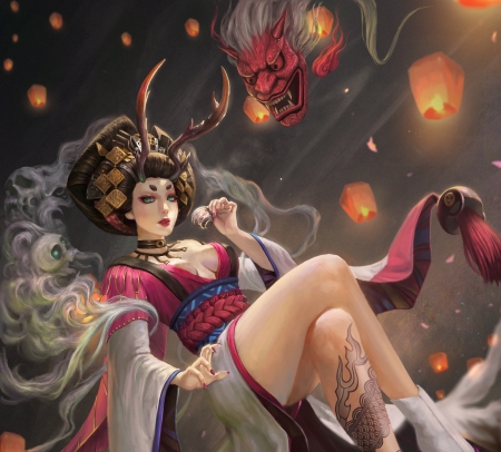 Onmyoji - onmyoji, fantasy, mask, phuthieu1989, girl, pink, luminos