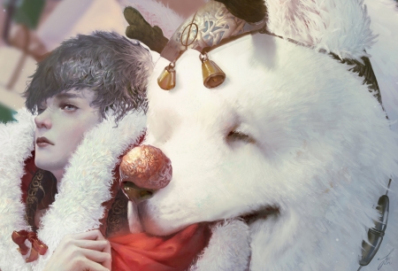 Christmas - craciun, linfter, fantasy, christmas, horns, white, art, red, boy, luminos