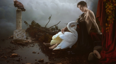 Leda - bird, swan, god, man, jupiter, fantasy, pasare, leda, aramisdream, luminos