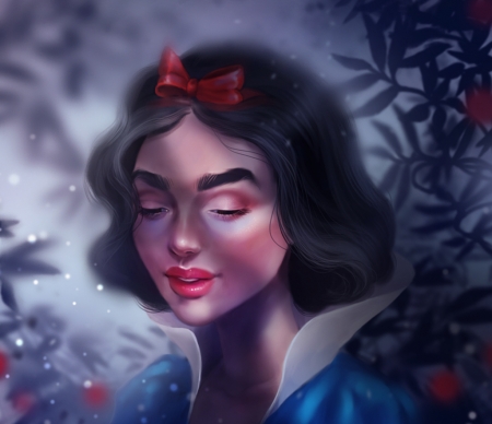 Snow White - girl, fantasy, art, bow, sandrawinther, luminos, red, portrait, blue, snow white