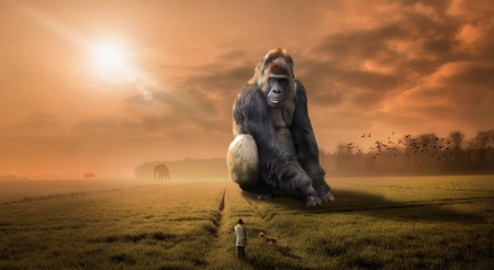 Giant gorilla - moon, fantasy, giant gorilla, orange, man, monkey, creative