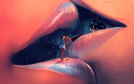 Kiss - blue, orange, lips, fantasy, aquasixio, kiss, couple, art, luminos