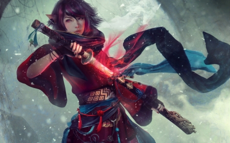 Fantasy girl - elf, fantasy, blue, red, katana, girl, sword, luminos